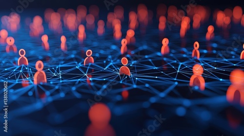 Stakeholder concept. Digital network connecting red figures in a dark space.