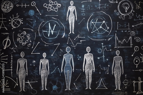 Abstract human figures against a scientific chalkboard background  