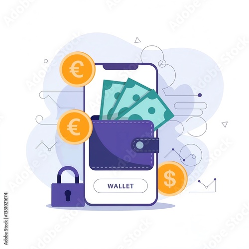 Mobile Wallet App with Cash and Coins Against a Abstract Background  