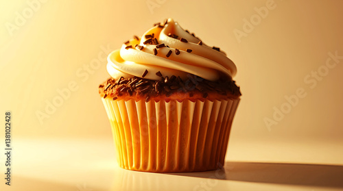 Chocolate Sprinkled Cupcake with Cream Frosting, Sweet Treat on White Background, Perfect for Dessert or Celebration in a Minimalist Style.