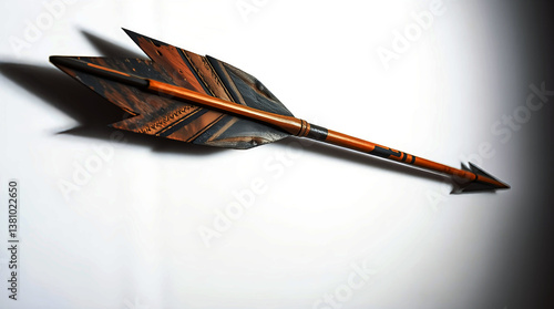 Handcrafted Arrow with Feather Fletching, Tribal Design on White Surface, Rustic Weaponry in a Detailed Still Life Composition.