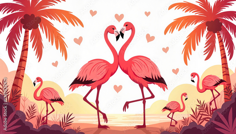Obraz premium Two Flamingos in Love Surrounded by Tropical Palm Trees