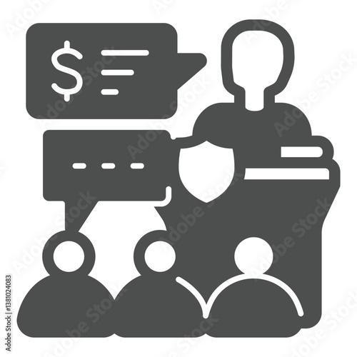 Tribune with judge and jury audience solid icon, family lawyer concept. Vector graphics. Court public case process sign on white background, glyph style icon for mobile or web design.