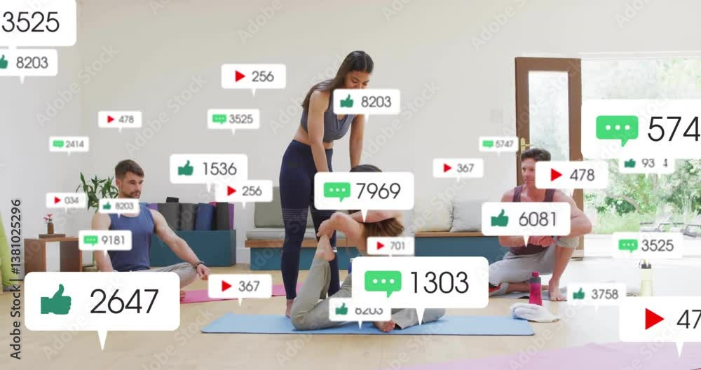 Practicing yoga, people distracted by social media notifications in animation scene Practicing yoga, people distracted by social media notifications in animation scene