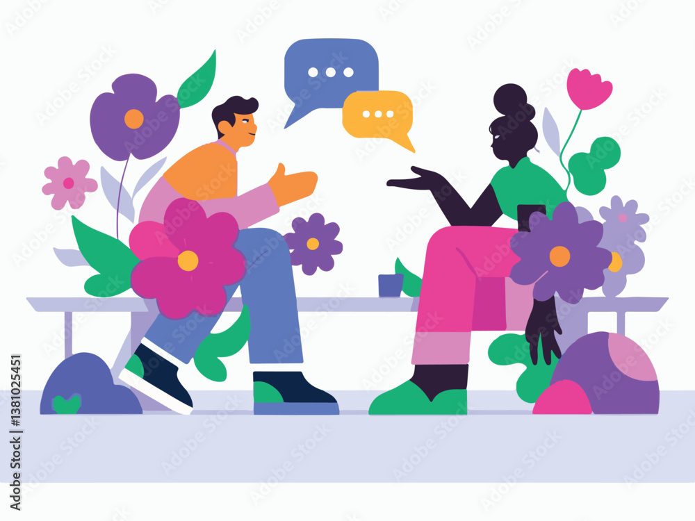 Naklejka premium Stylized People Sitting, Talking with Speech Bubbles Amidst Floral Illustrations on White