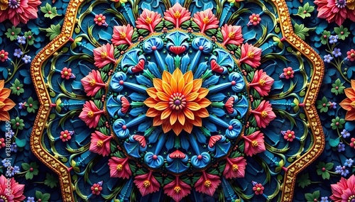 Intricate floral design within a repeating hexagonal pattern , botanical, geometric floral, art