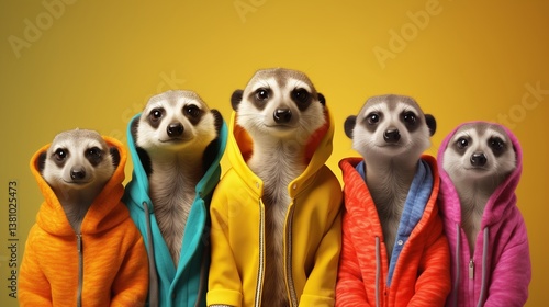 A playful scene featuring a group of meerkats dressed in vibrant, fashionable outfits, standing together against a solid background 