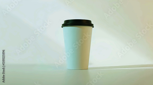 White Paper Cup with Black Lid, Minimalist Product Shot for Coffee or Beverage Packaging in a Clean, Isolated Studio Setting.