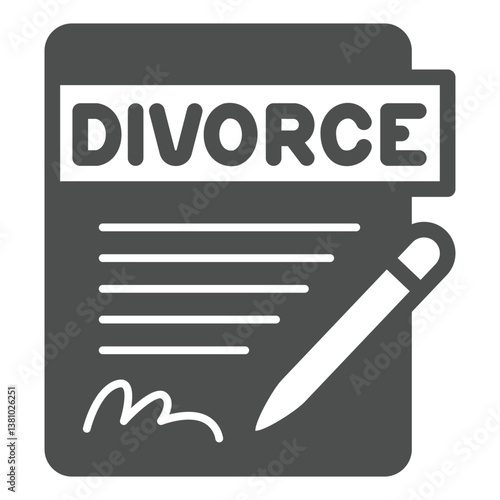 Divorce document and pen solid icon, family lawyer concept. Vector graphics. Application form for divorce, contract paper sign on white background, glyph style icon for mobile or web design.