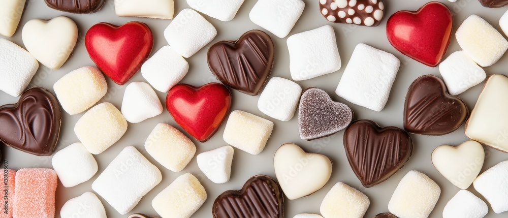 Assorted Heart-Shaped Sweets in White and Red on Decorative Surface Assorted Heart-Shaped Sweets in White and Red on Decorative Surface
