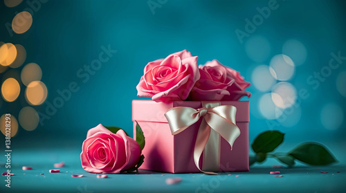 Romantic Gift Box with Roses, Heart Bokeh Background, Valentine's Day Celebration with Love and Floral Elegance in Soft Hues.