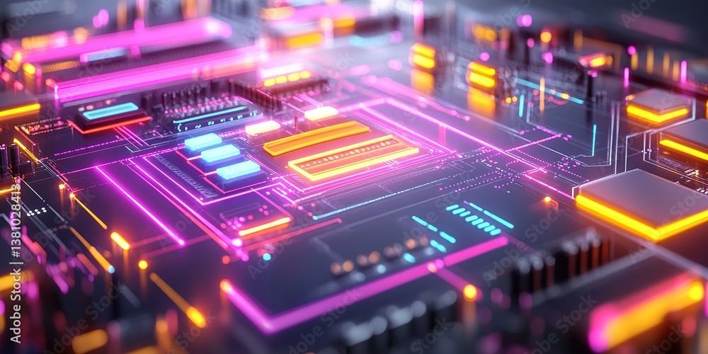 Colorful abstract representation of digital circuits and components illuminated in vibrant neon colors Colorful abstract representation of digital circuits and components illuminated in vibrant neon colors