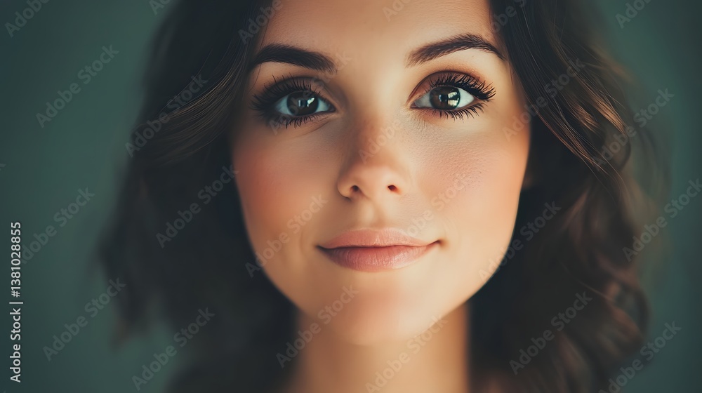 Naklejka premium Captivating Brunette Beauty with Flawless Makeup and Soft Lighting