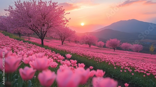 Wallpaper Mural Blooming pink field with trees, mountains, and a sunset. Serene scenery Torontodigital.ca