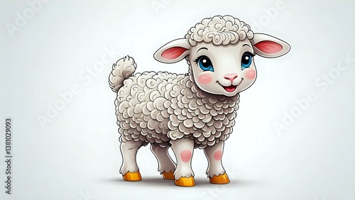 Cartoon Lamb Standing Smiling with Woolly Fleece and Blue Eyes