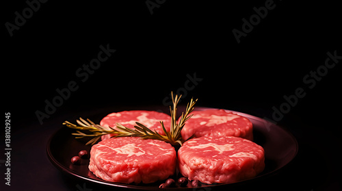Raw Burger Patties on Dark Slate, Fresh Ground Meat with Rosemary, Ready for Grilling with Smoke and Culinary Flair.
