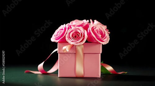 Romantic Gift Box with Roses, Heart Bokeh Background, Valentine's Day Celebration with Love and Floral Elegance in Soft Hues.