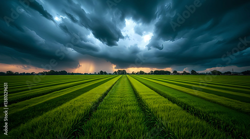 Lush Green Field Stretching to Horizon, Vibrant Grass with Subtle Light, Nature's Serenity in a Wide Landscape View.