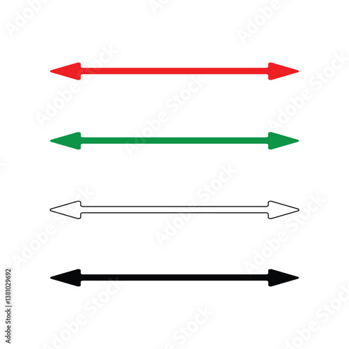 Double headed long arrow icon set. Double ended red green white black long arrow. Vector Formats. Dual sided arrow icon set. Both sided red green black white arrow icon set on white background. 