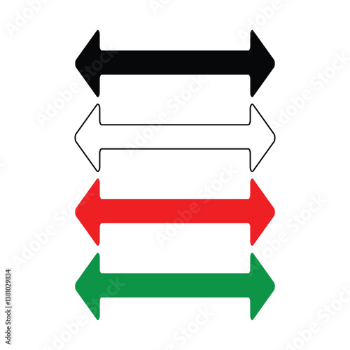 Double headed long arrow. Double ended red green 
 white black long arrow. Vector Formats. Replace icon. Both sided red green black white arrow icon set on white background. Dual sided arrow icon. 