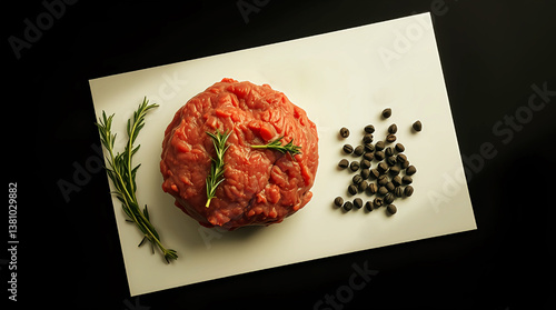 Raw Burger Patties on Dark Slate, Fresh Ground Meat with Rosemary, Ready for Grilling with Smoke and Culinary Flair.