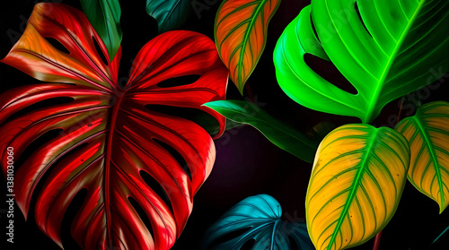 Lush Green Monstera Leaves on Dark Background, Tropical Foliage with Dramatic Contrast, Nature's Beauty in a Minimalist Composition.