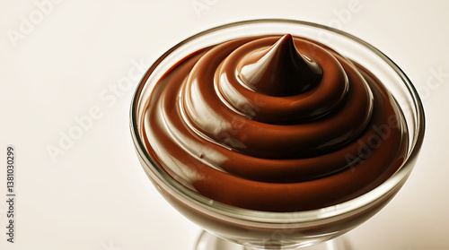 Chocolate Mousse in Glass Bowl, Swirled Dessert with Smooth Texture, Indulgent Treat in a Minimalist Culinary Still Life.