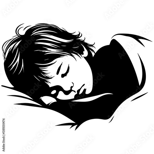A black and white silhouette of a sleeping child on a white isolated background. Vector graphics. EPS.