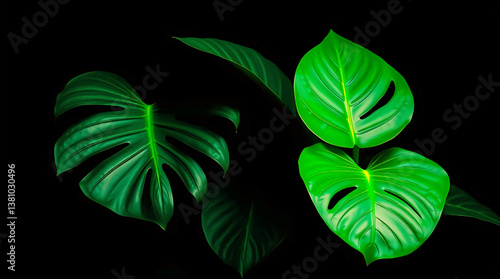 Lush Green Monstera Leaves on Dark Background, Tropical Foliage with Dramatic Contrast, Nature's Beauty in a Minimalist Composition.