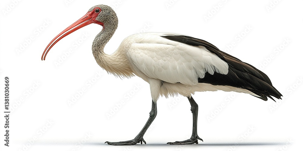 Fototapeta premium White ibises wander along the shoreline at sunset, showcasing their striking plumage and unique physical features