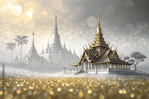 Beautiful digital illustration with golden background elements and bokeh. Thai temple. The overall color tone is golden shades.