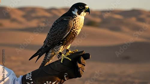 falcon bird on someone's hand at the desert