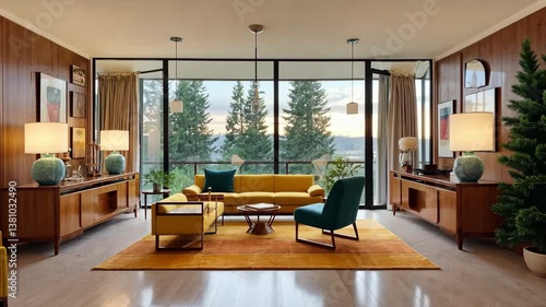 Mid-Century Modern Living Room: A stylish and inviting mid-century modern living room with wooden paneling, large windows, and a cozy seating arrangement.