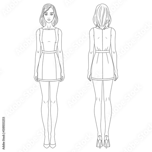 Two female line technical drawing croquis in mini dress for flat fashion sketches and cads of a woman on heels. Front and back view vector mannequin design. 