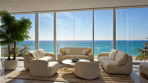 Luxury Living with Ocean Vista: A spacious, modern living room with floor-to-ceiling windows offers a breathtaking panoramic view of the ocean.