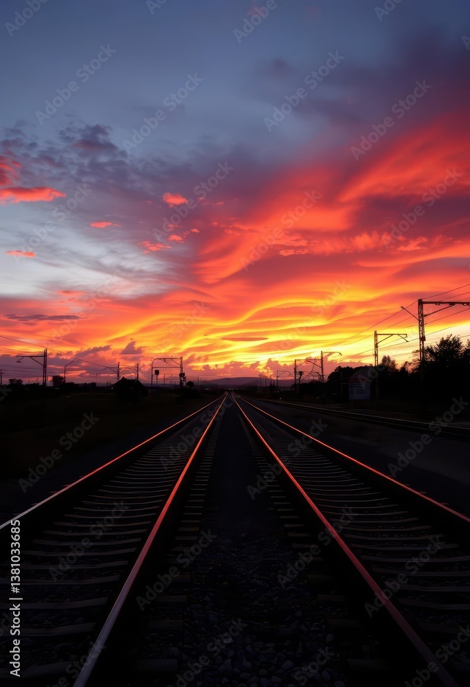 Fiery orange sunset paints low clouds above railway tracks, beautiful, color, red Fiery orange sunset paints low clouds above railway tracks, beautiful, color, red