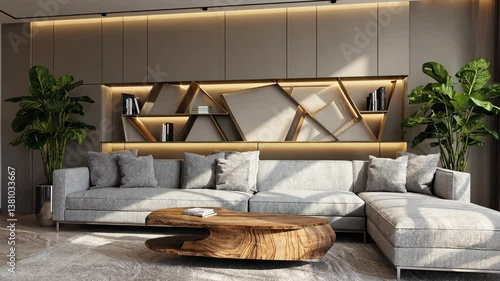 Modern Living Space: A sophisticated living room with contemporary design, featuring a stylish sectional sofa, an eye-catching wooden coffee table, and decorative wall shelves.