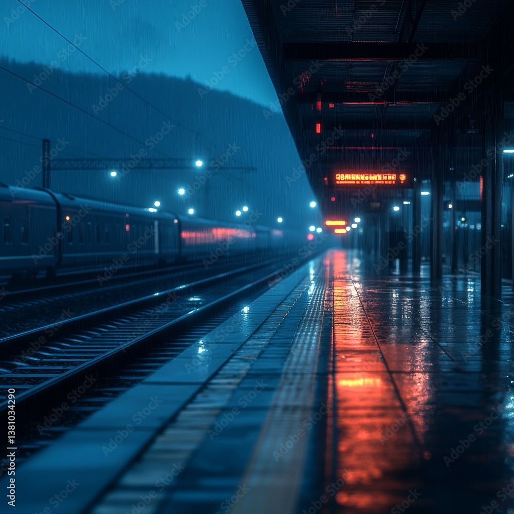 Fototapeta premium Eerie Train Station: Reflections and Rain on a Gloomy Night with a Departing Train and Misty Mountain Backdrop