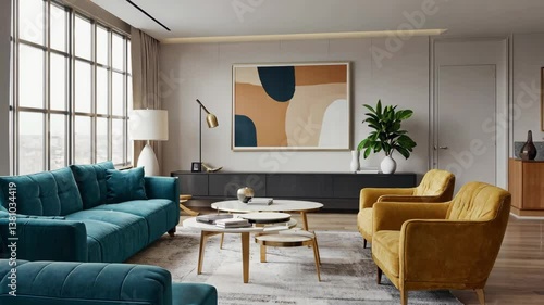 Modern Living Room: A beautifully designed interior with a spacious living room, featuring comfortable seating, a stylish coffee table, and a large window offering natural light.