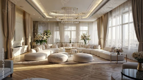 Serene Lounge: A lavishly designed lounge area with elegant furnishings and bright natural light, creating an inviting atmosphere of sophisticated comfort.