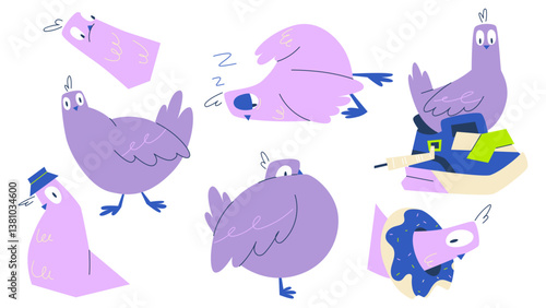 Modern flat vector illustration with funny cartoon pigeons in various poses. Stylized bird characters for stickers, prints, cards, or digital use