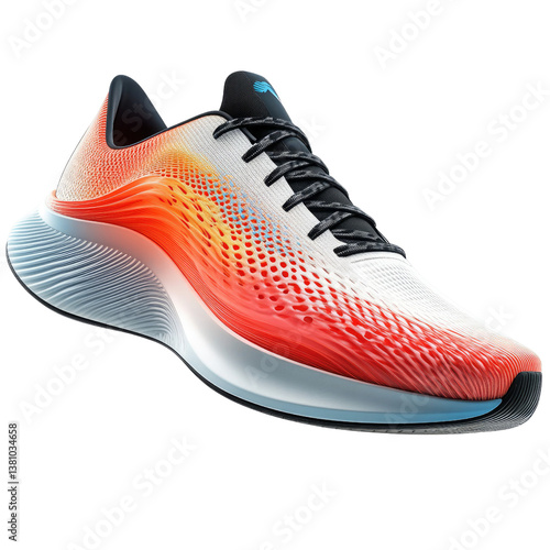 A fiery sunrise-inspired running shoe, ready to conquer the day's miles, boasting a dynamic gradient design and lightweight sole.