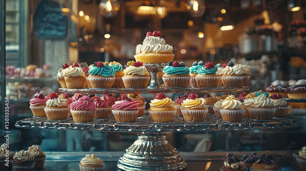 Display of colorful cupcakes. A tiered stand overflowing with assorted cupcakes, frosted in vibrant colors with fresh berries and cream. The warm, inviting display suggests a bakery or cafe Display of colorful cupcakes. A tiered stand overflowing with assorted cupcakes, frosted in vibrant colors with fresh berries and cream. The warm, inviting display suggests a bakery or cafe