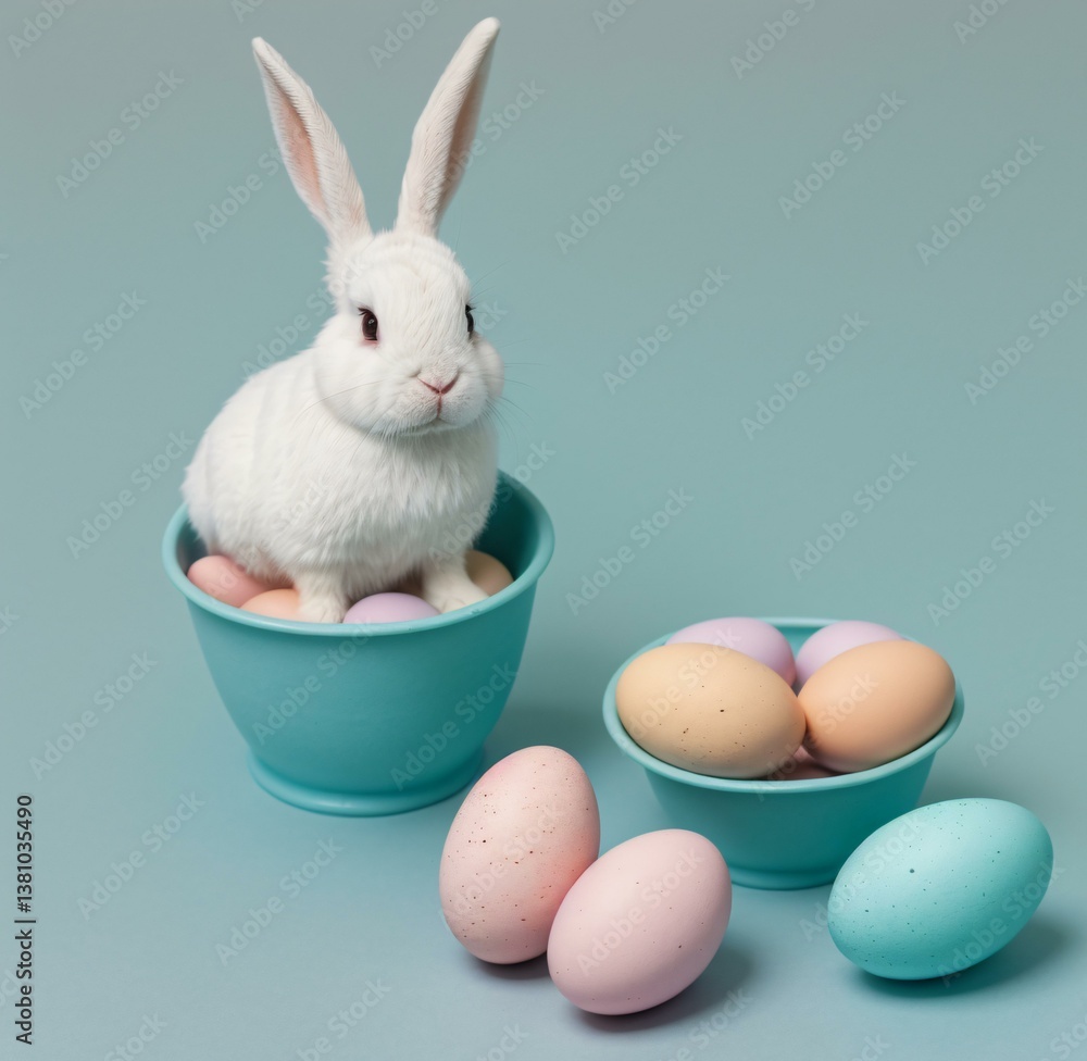 Obraz premium A cute, fluffy bunny seated on a nest of pastel-colored eggs, against a soft blue studio background. Generative AI