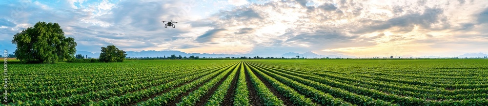 A drone flies above the farm, monitoring irrigation systems that water the crops. The partly cloudy sky adds a dynamic, high-tech feel to the image. A drone flies above the farm, monitoring irrigation systems that water the crops. The partly cloudy sky adds a dynamic, high-tech feel to the image.