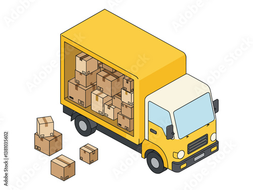 isometric yellow delivery cargo truck with packages