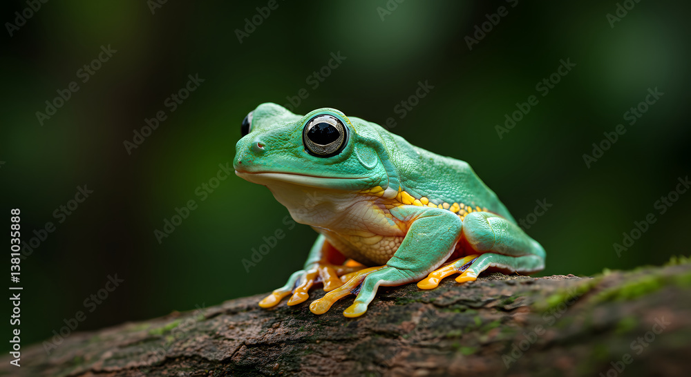 Obraz premium Green Tree Frog Resting on Branch in Rainforest Setting
