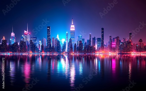 NYC Skyline Night Reflection.