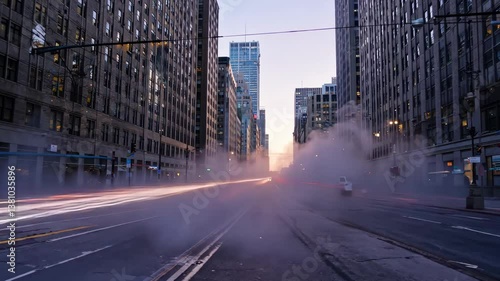 Urban Sunrise: A long exposure shot capturing the glow of the sunrise in a city street, with blurred car lights and a dreamy, misty atmosphere