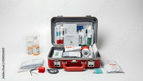 Open first aid kit with organized medical supplies and equipment on white background for emergency preparedness.  